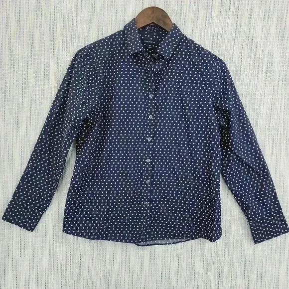 Lands' End Women's Button Up Shirt Polka Dot Size 8P Navy Pink - Picture 1 of 7